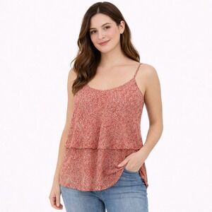 CAbi Red Cream Abstract Floral Camisole Top Small - Tiered Boho Mesh Lined